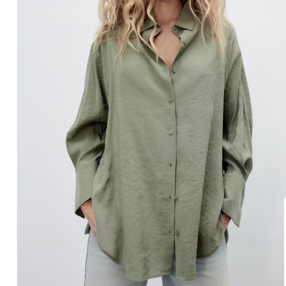 ZARA  OVERSIZED LINEN SHIRT - GRAY GREEN / S
